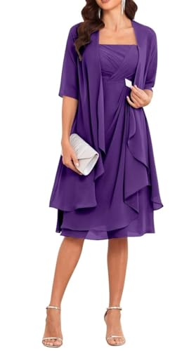 Brautmutterkleider mit Jacke, 2-teilig, halblange Ärmel, knielang, Chiffon, Kleid für Bräutigam, violett, 42 von YIANN