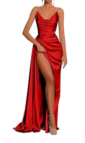 Hochzeitsgast Kleid Meerjungfrau Kalte Schulter trägerlosen ärmellosen langen Abschlussball-Kleid für Frauen YIAX128, rot, 32 von YIANN