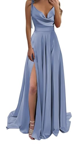 YIANN Damen Ballkleid mit Wasserfallausschnitt, Satin, mit Schlitz, ärmellos, formelles Abendkleid, langes Brautjungfernkleid, dusty blue, 48 Plus von YIANN
