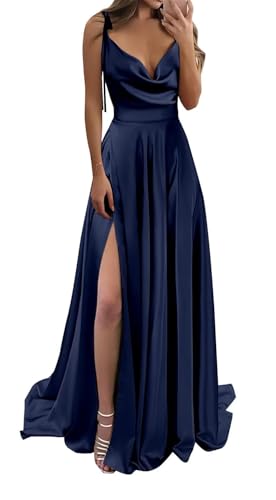YIANN Damen Ballkleid mit Wasserfallausschnitt, Satin, mit Schlitz, ärmellos, formelles Abendkleid, langes Brautjungfernkleid, marineblau, 48 Plus von YIANN