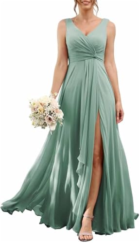 YIANN Damen Chiffon Brautjungfernkleider mit Schlitz für Hochzeit Party Plissee V-Ausschnitt Langes formelles Abendkleid, Eukalyptus, 36 YIANN Damen Chiffon Brautjungfernkleider mit Schlitz für Hochzeit Party Plissee V-Ausschnitt Langes formelles Abendkleid, Eukalyptus, 36 von YIANN