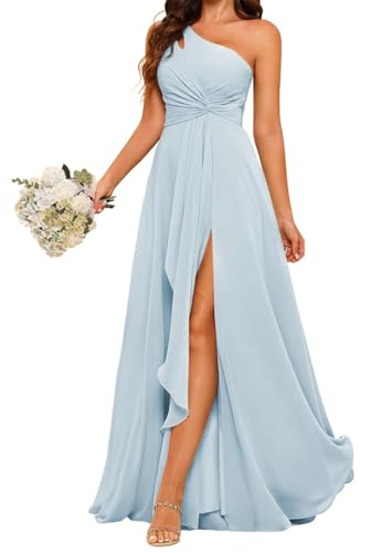 YIANN Damen Einschultriges Brautjungfernkleid mit Schlitz, lang, A-Linie, Chiffon, formelles Kleid, hellblau, 38 von YIANN