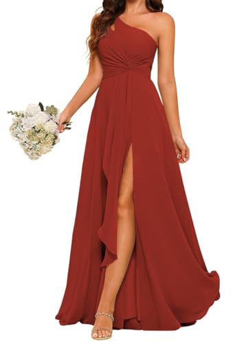 YIANN Damen Einschultriges Brautjungfernkleid mit Schlitz, lang, A-Linie, Chiffon, formelles Kleid, rust, 48 Plus von YIANN
