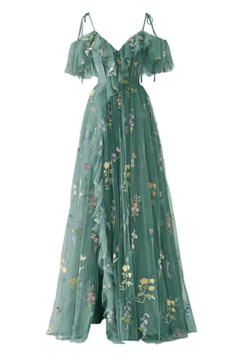 YIANN Damen-Kleid mit Blumenstickerei, Tüll, lang, Spaghettiträger, V-Ausschnitt, formelle Abendveranstaltung, Partykleid, pfau, 42 YIANN Damen-Kleid mit Blumenstickerei, Tüll, lang, Spaghettiträger, V-Ausschnitt, formelle Abendveranstaltung, Partykleid, pfau, 42 von YIANN