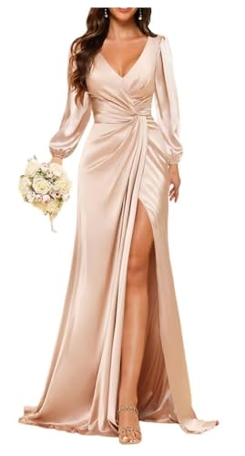YIANN Damen Meerjungfrau Satin Brautjungfernkleider mit Schlitz Langarm Formelles Partykleid, champagnerfarben, 38 von YIANN