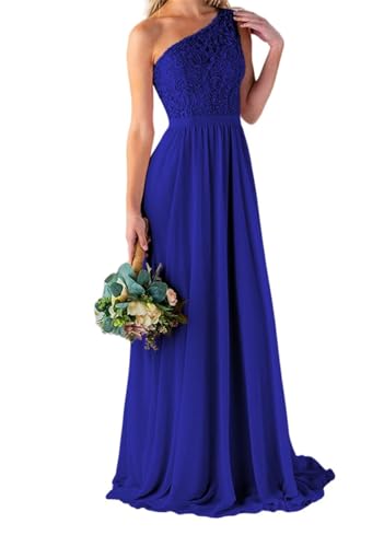 YIANN Damen One Shoulder Brautjungfernkleider Lang für Hochzeit mit Taschen Spitze Mieder A Linie Chiffon Formelles Partykleid, königsblau, 48 von YIANN