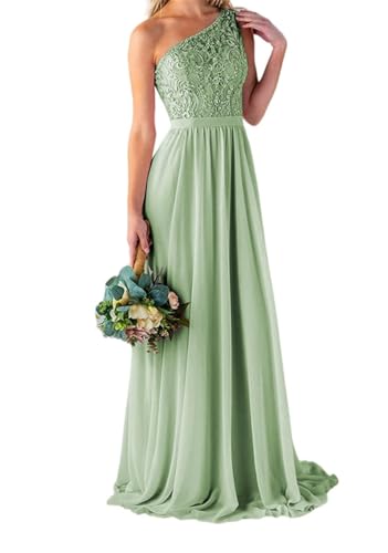 YIANN Damen One Shoulder Brautjungfernkleider Lang für Hochzeit mit Taschen Spitze Mieder A Linie Chiffon Formelles Partykleid, salbeigrün, 42 von YIANN