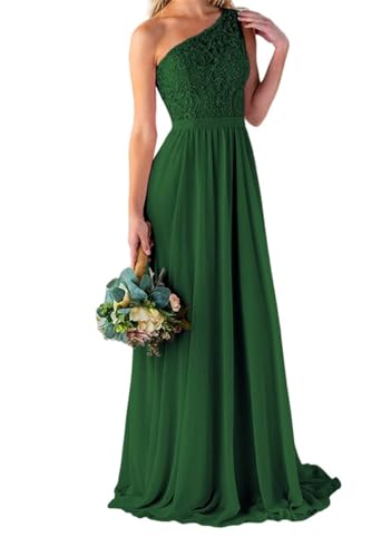 YIANN Damen One Shoulder Brautjungfernkleider Lang für Hochzeit mit Taschen Spitze Mieder A Linie Chiffon Formelles Partykleid, smaragdgrün, 52 Plus von YIANN