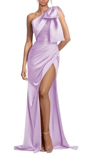 YIANN Damen One Shoulder Formelle Kleider mit Schlitz Schleife Lange Satin Meerjungfrau Hochzeit Gäste Kleid Lang Ballkleid, Flieder, 36 von YIANN