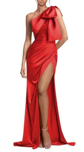YIANN Damen One Shoulder Formelle Kleider mit Schlitz Schleife Lange Satin Meerjungfrau Hochzeit Gäste Kleid Lang Ballkleid, rot, 40 von YIANN