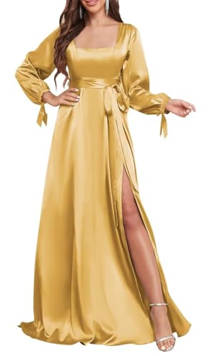 YIANN Damen Satin Brautjungfernkleider Langarm für Hochzeit mit Schlitzschärpen langes formelles Kleid, gold, 58 Plus von YIANN