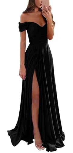 YIANN Damen Satin Brautjungfernkleider für Hochzeit, Schulterfrei, Ballkleid mit Schlitz, A-Linie, langes formelles Abendkleid, Partykleid, Schwarz , 34 YIANN Damen Satin Brautjungfernkleider für Hochzeit, Schulterfrei, Ballkleid mit Schlitz, A-Linie, langes formelles Abendkleid, Partykleid, Schwarz , 34 von YIANN