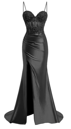 YIANN Damen Spaghettiträger Ballkleider mit Schlitz Spitze Applique Meerjungfrau formelles Abendkleid, Schwarz , 32 YIANN Damen Spaghettiträger Ballkleider mit Schlitz Spitze Applique Meerjungfrau formelles Abendkleid, Schwarz , 32 von YIANN
