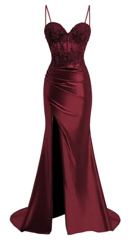 YIANN Damen Spaghettiträger Ballkleider mit Schlitz Spitze Applique Meerjungfrau formelles Abendkleid, burgunderfarben, 38 von YIANN