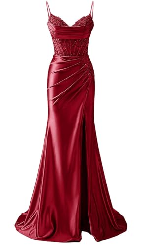 YIANN Damen Spaghettiträger Satin Ballkleider mit Schlitz Spitze Applique Meerjungfrau Langes Ballkleid Formelles Kleid, burgunderfarben, 36 von YIANN