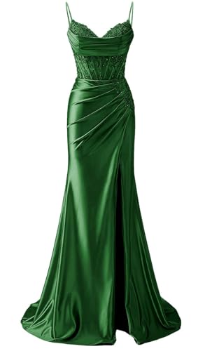YIANN Damen Spaghettiträger Satin Ballkleider mit Schlitz Spitze Applique Meerjungfrau Langes Ballkleid Formelles Kleid, smaragdgrün, 34 von YIANN
