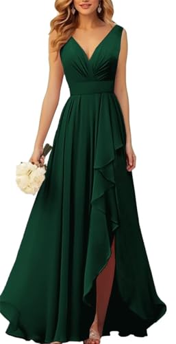 YIANN Damen V-Ausschnitt Chiffon Brautjungfernkleider mit Schlitz Chiffon Gerafft Formelles Abendkleid Lang, smaragdgrün, 48 von YIANN