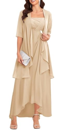 YIANN Damenkleid mit Jacke, Chiffon, formelles Abendkleid, Partykleid, champagnerfarben, 42 von YIANN