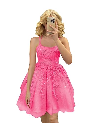 YIANN Homecoming Kleid Glitzer A-Linie Applikationen Tüll Kurze Spaghettiträger Abschlussball Kleid für Junioren, hot pink, 36 von YIANN