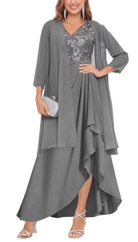 YIANN Klassisches Chiffon-Kleid für die Brautmutter mit Jacke, V-Ausschnitt, lang, formelles Abendkleid, Partykleid, grau, 48 von YIANN