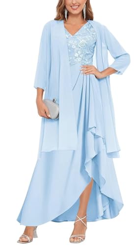 YIANN Klassisches Chiffon-Kleid für die Brautmutter mit Jacke, V-Ausschnitt, lang, formelles Abendkleid, Partykleid, hellblau, 48 Plus von YIANN