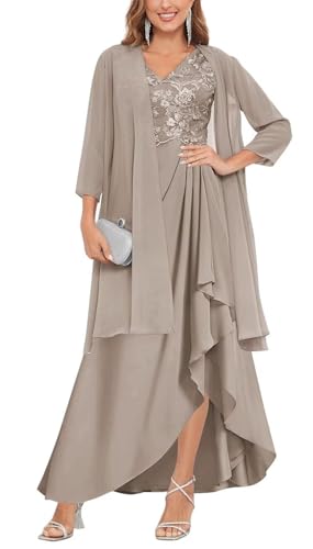 YIANN Klassisches Chiffon-Kleid für die Brautmutter mit Jacke, V-Ausschnitt, lang, formelles Abendkleid, Partykleid, taupe, 48 von YIANN