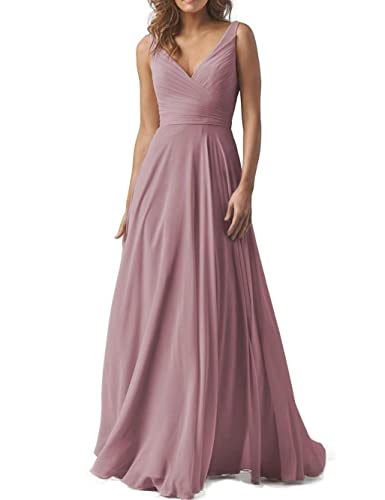 YIANN Lange Brautjungfernkleider mit V-Ausschnitt, Chiffon, A-Linie, plissiert, Ballkleid mit Taschen YIA094, rosa - dusty pink, 36 von YIANN