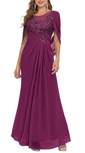 YIANN Langes Brautmutterkleid für Damen, mit Spitzenapplikation, Umhang, Chiffon, formelles Abendkleid, pflaume, 50 Plus von YIANN