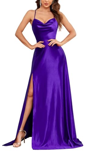 YIANN Satin-Abschlussballkleider für Damen, mit Schlitz, Wasserfallausschnitt, A-Linie, rückenfrei, lang, formelles Abendkleid, violett, 36 YIANN Satin-Abschlussballkleider für Damen, mit Schlitz, Wasserfallausschnitt, A-Linie, rückenfrei, lang, formelles Abendkleid, violett, 36 von YIANN