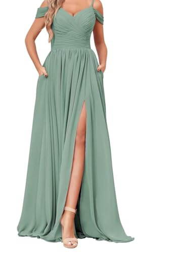 YIANN Schulterfreies Brautjungfernkleid für Damen, mit Taschen, Seitenschlitz, Chiffon, langes formelles Kleid, Eukalyptus, 36 YIANN Schulterfreies Brautjungfernkleid für Damen, mit Taschen, Seitenschlitz, Chiffon, langes formelles Kleid, Eukalyptus, 36 von YIANN