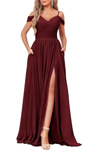 YIANN Schulterfreies Brautjungfernkleid für Damen, mit Taschen, Seitenschlitz, Chiffon, langes formelles Kleid, burgunderfarben, 48 Plus von YIANN