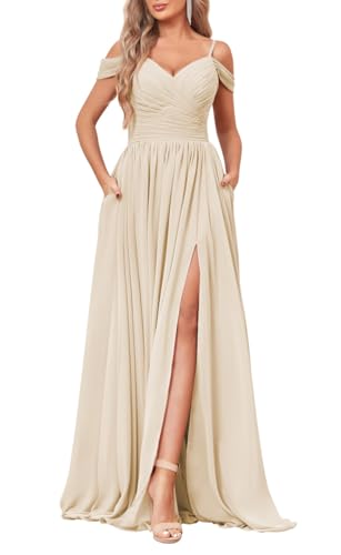 YIANN Schulterfreies Brautjungfernkleid für Damen, mit Taschen, Seitenschlitz, Chiffon, langes formelles Kleid, champagnerfarben, 44 von YIANN