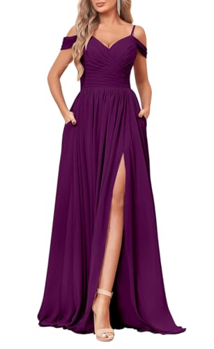 YIANN Schulterfreies Brautjungfernkleid für Damen, mit Taschen, Seitenschlitz, Chiffon, langes formelles Kleid, pflaume, 44 YIANN Schulterfreies Brautjungfernkleid für Damen, mit Taschen, Seitenschlitz, Chiffon, langes formelles Kleid, pflaume, 44 von YIANN