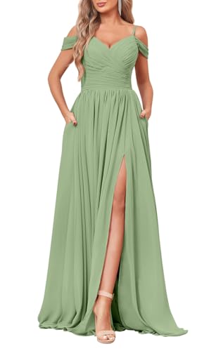 YIANN Schulterfreies Brautjungfernkleid für Damen, mit Taschen, Seitenschlitz, Chiffon, langes formelles Kleid, salbeigrün, 38 von YIANN