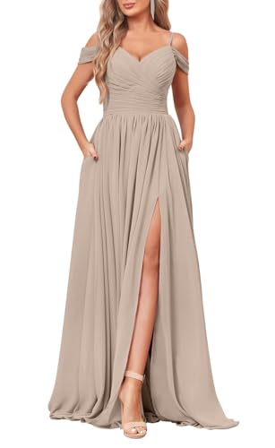 YIANN Schulterfreies Brautjungfernkleid für Damen, mit Taschen, Seitenschlitz, Chiffon, langes formelles Kleid, taupe, 44 von YIANN