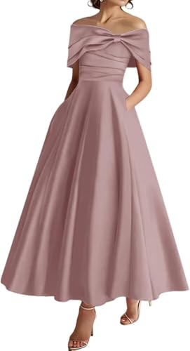 YIANN Schulterfreies Kleid für die Brautmutter mit Taschen, Satin, formelles Kleid, Abendkleid, rosa - dusty pink, 40 YIANN Schulterfreies Kleid für die Brautmutter mit Taschen, Satin, formelles Kleid, Abendkleid, rosa - dusty pink, 40 von YIANN