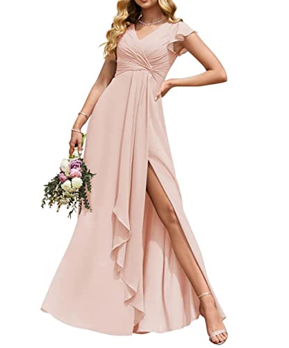 YIANN V-Ausschnitt, lange Brautjungfernkleider mit Schlitz, Chiffon, A-Linie, plissiert, Ballkleid mit Taschen, YIA065, blush, 32 von YIANN