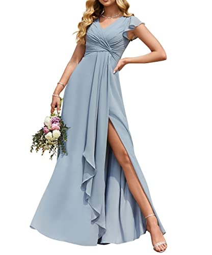 YIANN V-Ausschnitt, lange Brautjungfernkleider mit Schlitz, Chiffon, A-Linie, plissiert, Ballkleid mit Taschen, YIA065, dusty blue, 42 von YIANN