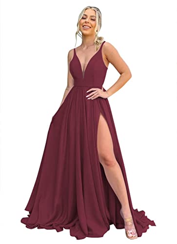 YIANN V-Ausschnitt Lange Brautjungfernkleider mit Schlitz Chiffon A Linie Plissee Ballkleider mit Taschen YIA028, burgunderfarben, 42 von YIANN
