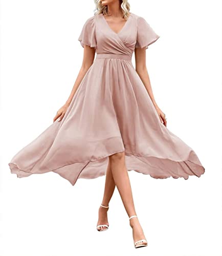 YIANN V-Ausschnitt Lange Brautjungfernkleider mit kurzen Ärmeln Chiffon A Linie High-Low Ballkleider mit Taschen YIA082, rosa - dusty pink, 44 von YIANN