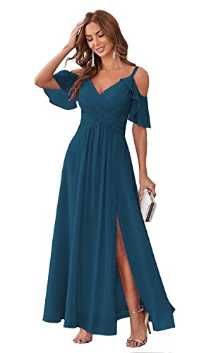 YIANN V-Ausschnitt lange Brautjungfernkleider mit Schlitz Chiffon A Linie Plissee Ballkleider mit Taschen YIA029, blaugrün, 44 von YIANN