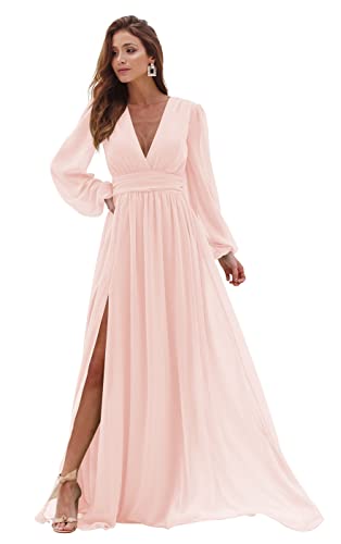 YIANN YIA006 Brautjungfernkleider mit V-Ausschnitt, lange Ärmel, Chiffon, A-Linie, plissiert, Ballkleider mit Taschen, blush, 36 von YIANN