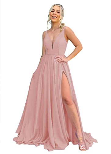 YIANN YIA028 langes Brautjungfernkleid mit V-Ausschnitt, Chiffon, A-Linie, plissiert, Ballkleid mit Taschen, rosa - dusty pink, 42 von YIANN