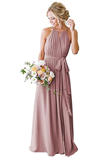 YIANN YIA030 Halfter lange Brautjungfernkleider mit Gürtel Chiffon A Linie Plissee Ballkleider mit Taschen, rosa - dusty pink, 34 von YIANN