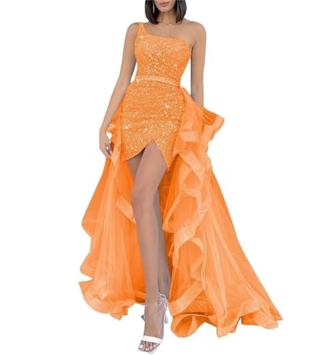 YIAX143 One-Shoulder-Pailletten-Heimkehr-Kleid, glitzernd, kurzes Ballkleid für Teenager, mit abnehmbarer Schleppe aus Tüll, Orange, 40 von YIANN
