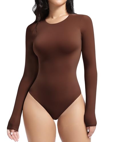 YIANNA Body Damen Langarm Bodysuit Hoher Elastizität Top Rundhals Elegant Tanga Cocoa XL 5275 von YIANNA