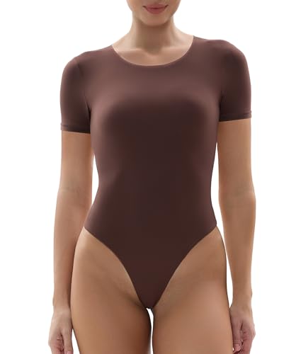 YIANNA Body mit Rundhalsausschnitt für Frauen, Gefühl der zweiten Haut, Tanga, T-Shirt, Body Anzüge Tops, Cocoa Kurzarm, M von YIANNA