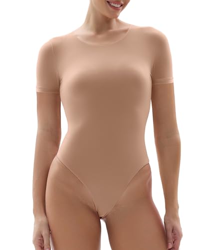 YIANNA Body mit Rundhalsausschnitt für Frauen, Gefühl der zweiten Haut, Tanga, T-Shirt, Body Anzüge Tops, Sienna Kurzarm, M von YIANNA