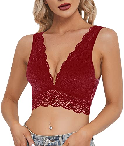 YIANNA Damen Lace Bralette, tiefe V-Ausschnitt Ungepolsterte Spitze lange Linie Plunge Bralette Bra XX-Large rot von YIANNA
