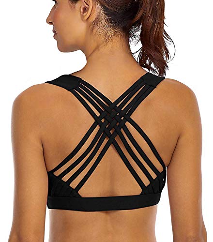 YIANNA Damen Sport BH Gepolstert Push Up Ohne Bügel Yoga BH Starker Halt X-Rücken Bustier Sport Bra Top Shirt Schwarz, YA 147 Size XL von YIANNA